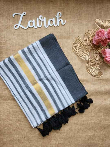 AARAVI-BLACK STRIPE MUL COTTON SAREE